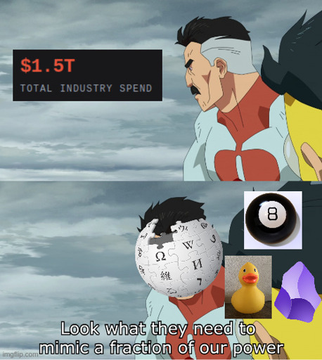 A two panel meme. In the first half is written "1.5 trillion USD total industry spend". In the seccond half a character labeled with images of the Wikipedia logo, Obsidian logo, a rubber duck, and a magic 8 ball says "Look what they need to mimic a fraction of our power".