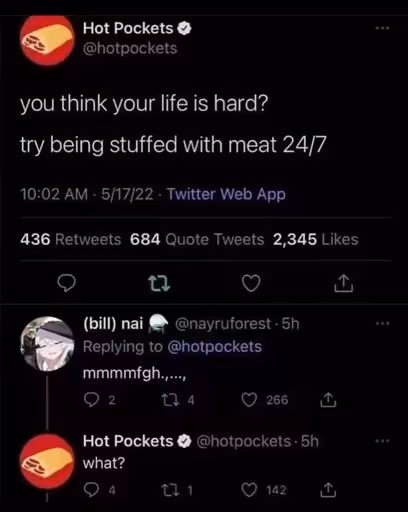 Tweet by Hot Pocket:
Hot Pocket: You think your life is hard? Try being stuffed with meat 24/7.
Reply: mmgph
Hot Pocket: what? 