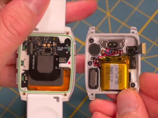 The two halves of a disassembled Pebble Time 2 watch
