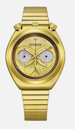 A gold watch, inspired by C3PO's design. There are two round complications on the watch face which look like C3PO's eyes. The time is 10 past 10 which causes the hands to overlap the eyes in such a way that the watch looks like a very angry face.
