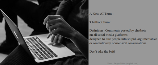 A New AI Term :  'Chatbot Chum'  Definition : Comments posted by chatbots  on all social media platforms designed to lure people into stupid, argumentative  or contentiously nonsensical conversations. Don't take the bait!