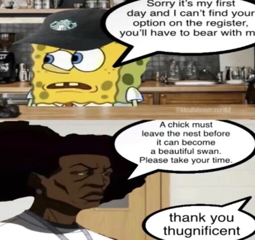 n1{🧽bob🗨️Sorry it’s my first day and I can't find your option on the register, you’ll have to bear with me}n2{A chick must leave the nest before it can become a beautiful swan. Please take your time.“🧽Bob🗨️thank you thugnificent”}