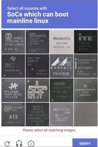 A CAPTCHA that shows pictures of different systems-on-chip, asking to identify which ones boot mainline Linux
