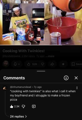 Screenshot of brutalmoose "Cooking With Twinkies" video, with a funny YouTube commenter referring to when he cooks with his boyfriend. 