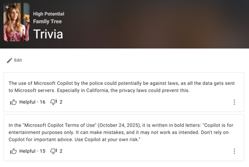 1. Trivia: The use of Microsoft Copilot by the police could potentially be against laws, as all the data gets sent to Microsoft servers. Especially in California, the privacy laws could prevent this.  2. Trivia: In the "Microsoft Copilot Terms of Use" (October 24, 2025), it is written in bold letters: "Copilot is for entertainment purposes only. It can make mistakes, and it may not work as intended. Don't rely on Copilot for important advice. Use Copilot at your own risk."