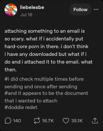 liebelesbe says on july 16:  Attaching something to an e-mail is so scary. What if I accidentally put hard-core porn in there. I don't think I have any downloaded but what if I do and I attach it to the email. What then. #I did check multiple times before sending and once after sending #And it appears to be the document I wanted to attach #doddie redet