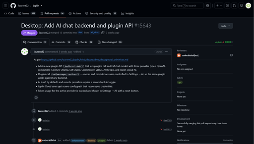 Screenshot of GitHub pull request merged to laurent22's Joplin repo, dev branch. For text version, visit the website: link in post text