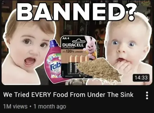 Fake YouTube thumbnail showing two babies making exagerated faces with fabric softener, batteries and some kind of powder highlighted in the foreground. It's titled "We Tried EVERY From Under The Sink".
