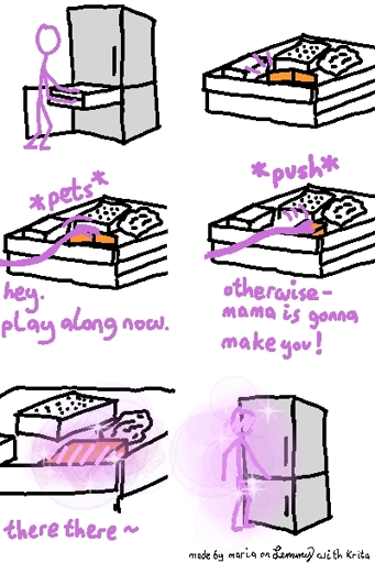 6 panel basic line digital drawing. pink person places food into freezer and notices an oange box sticking out. they say "hey. play along now" and pet the box calmly. then they say "otherwise - mama is gonna make you!" and they push the box into the freezer, where it slots into a good place. the box is now visually excited and has happy pink bubbles and hearts and sparkles around it and is blushing. person says "there there ~", closes the fridge and is now blushing themselves, with the same bubbles, sparkles and hearts around them. bottom text says "made by maria on Lemmy with Krita"